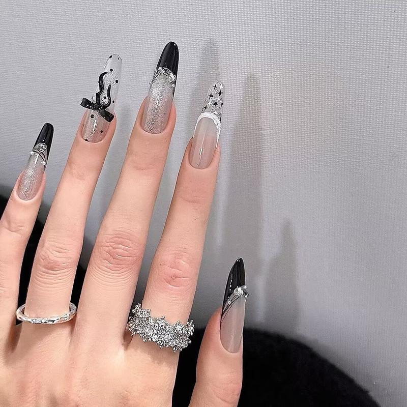 French Cat Eye Polka Dot Bow Nails - High-Class Whitening Manicure Large