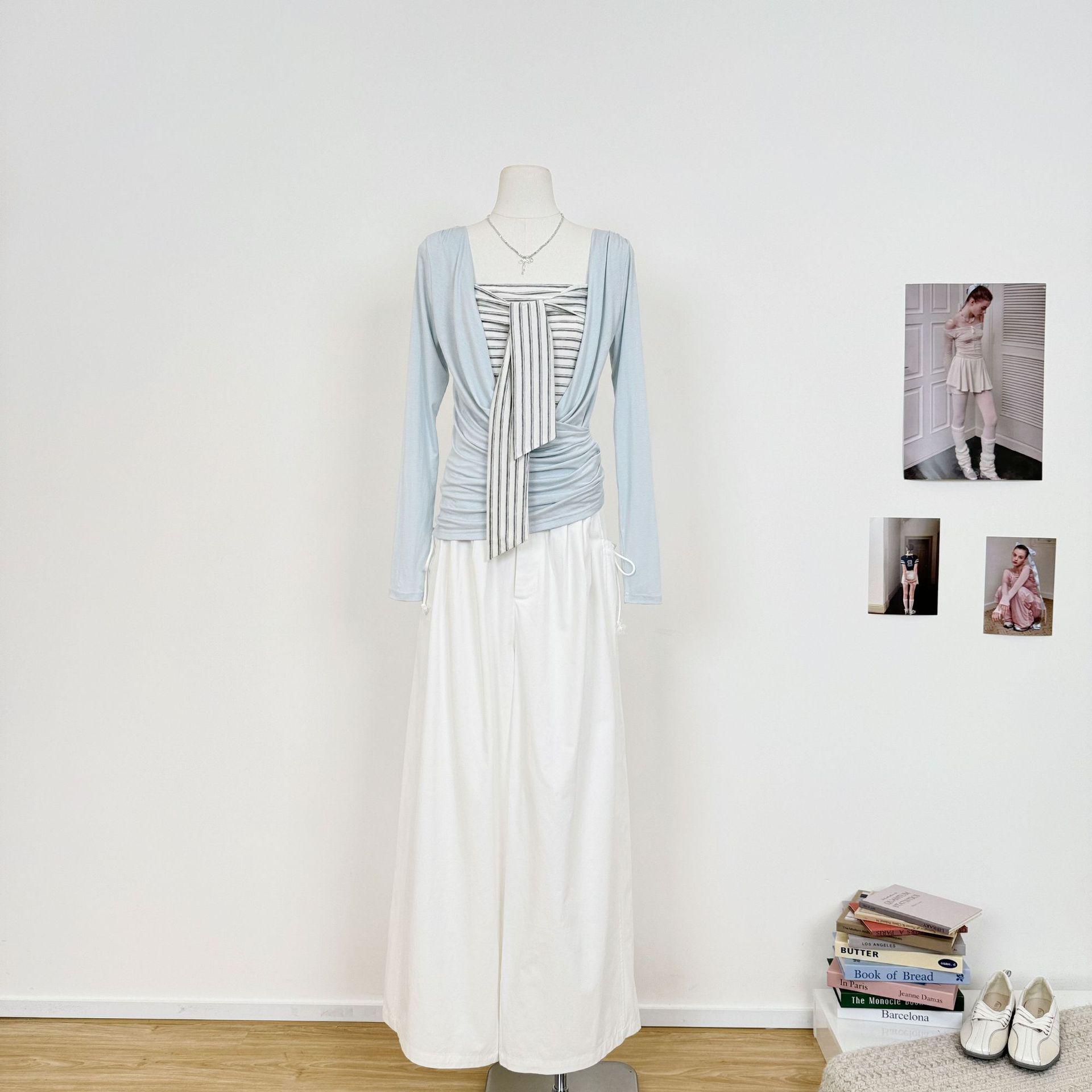 Soote Season Korean Tencel Striped Bandeau Two-Piece Set with Lyocell Cardigan Top Medium