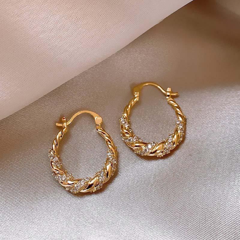 Luxury Shiny Zircon Twisted Hoop Earrings for Women Fashion Gold Color U Shaped Geometric Earrings Ear Accessories Party Zircon