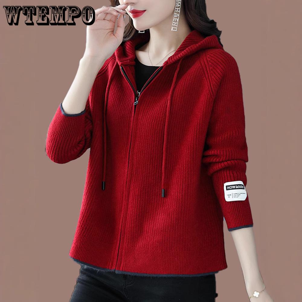 Knitted Hoodie Women's Spring and Autumn Solid-color Short Knitted Sweatshirt Hooded Zipper Sweater Cardigan Baseball Jacket