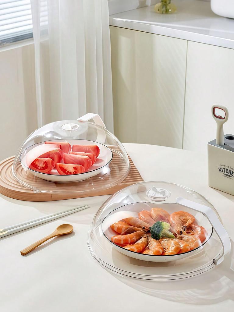 1pc Transparent Microwave Splash-Proof Pot Lid With A Handle And A Bowl And Plate Service Lid. Must-Have For Home Kitchens