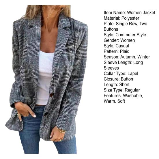 Women Fall Winter Plaid Jacket Button Closure Lapel Collar Mid-Length