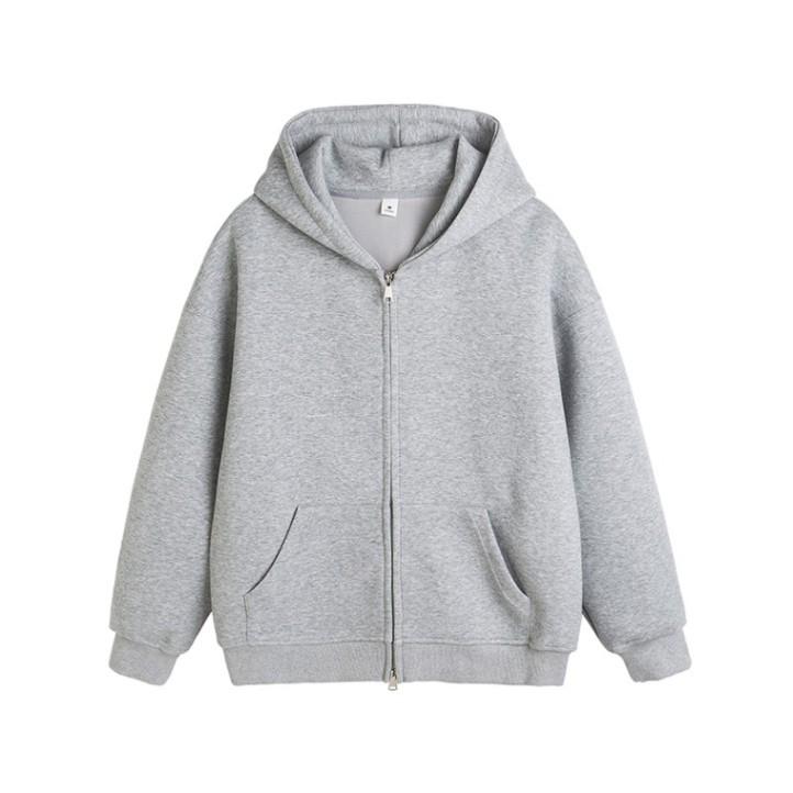 Unisex Retro Gray Hooded Sweatshirt with Double Zipper - Perfect for Spring & Autumn