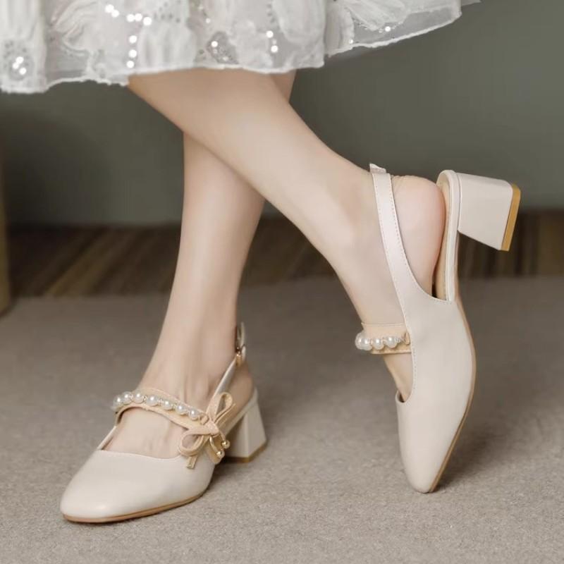 Back empty single shoes thick middle heel summer new bag head sandals Mary Jane shoes women