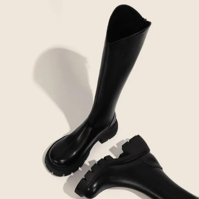 Fashion Ladies Knee High Shaft Shoes Black Round Toe Women's Long Boots Middle Heel Leather Designer Luxury Large Size Warm Quality Boot