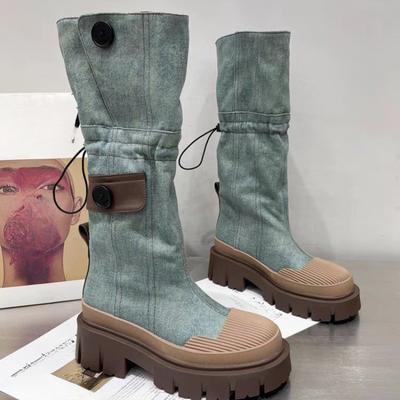 Botas plataforma grossas de jeans retrô para mulheres 2024 outono patchwork estilo ocidental botas de cowboy femininas saltos grossos botas de cano médio