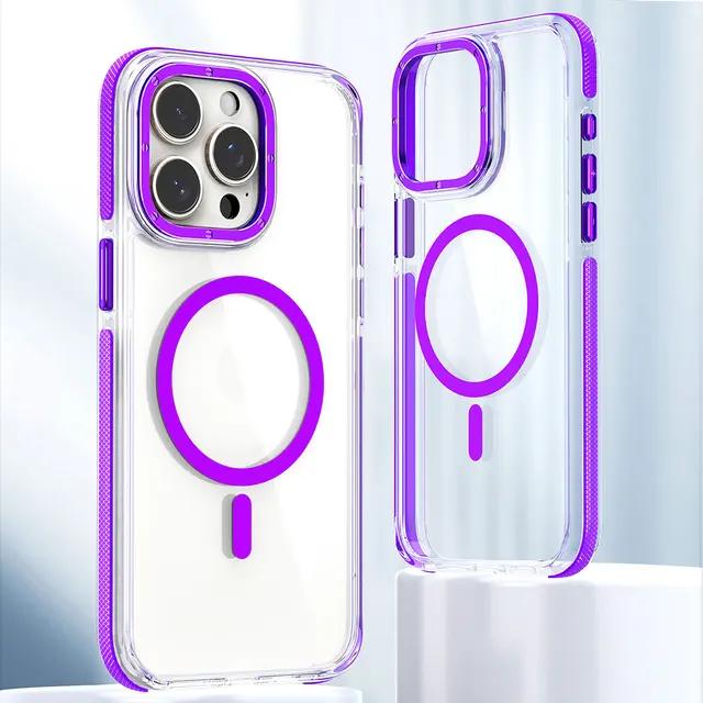 Für iPhone 15 14 13 12 11 Plus Pro Max Hülle Farbiger Rand Magnetische Magsafe Kabellose Ladeabdeckung Transparente Hülle Sturzsicher Fundas