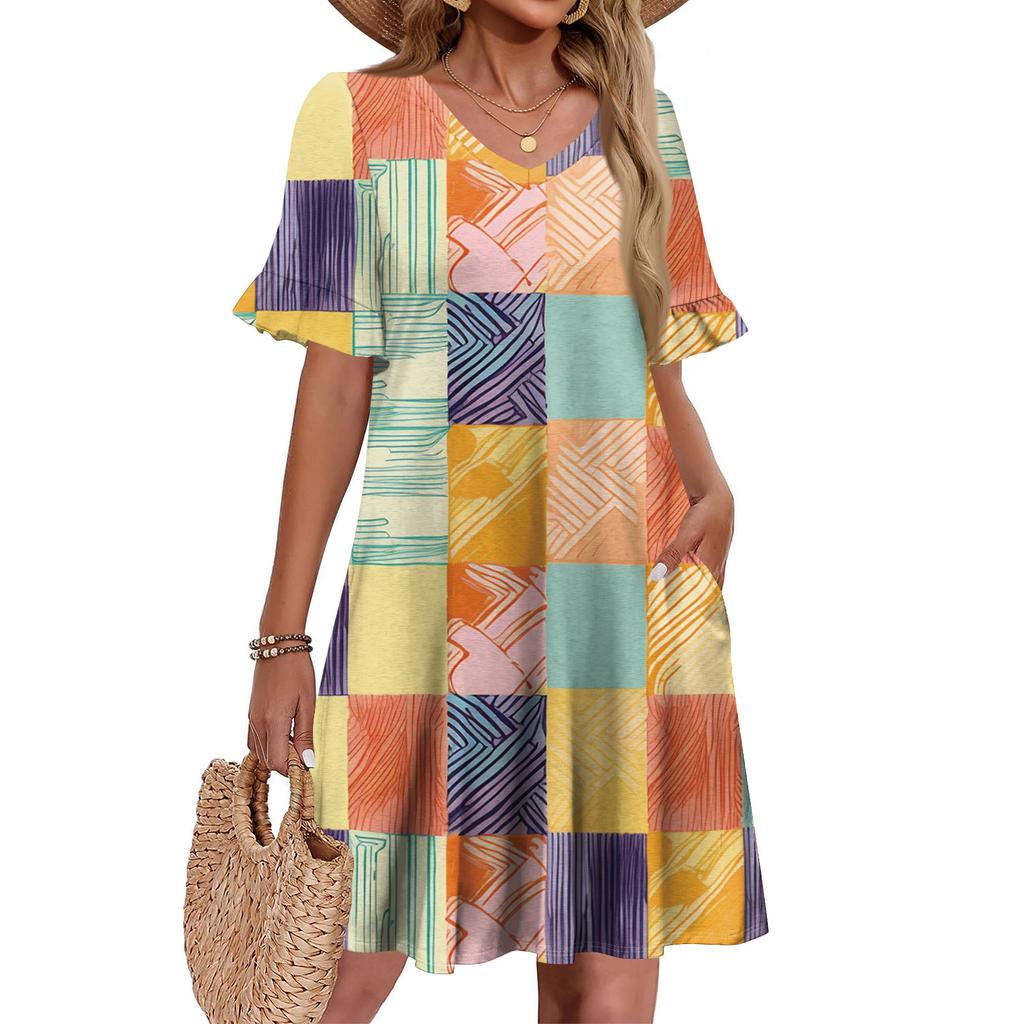 Women A Line Sun Dress Short Sleeve V Neck Printed Dress With Pockets
