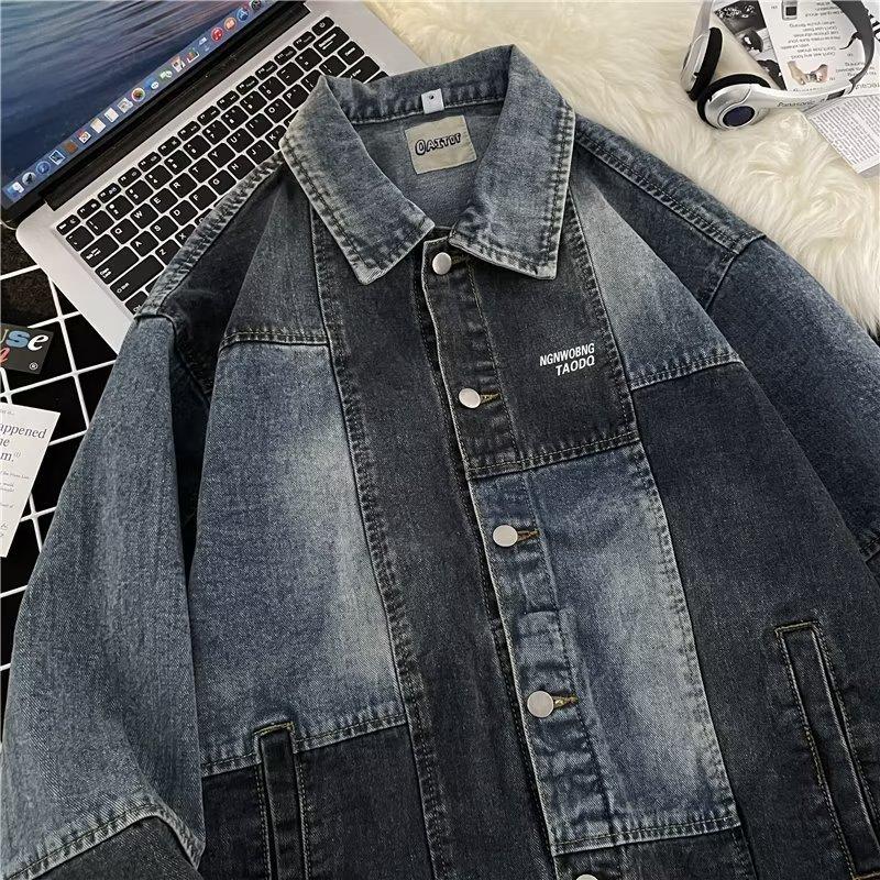 

Стираная джинсовая куртка Splicing Сезонная американская свободная мужская куртка для пары Дизайн модного бренда Топ XL синий