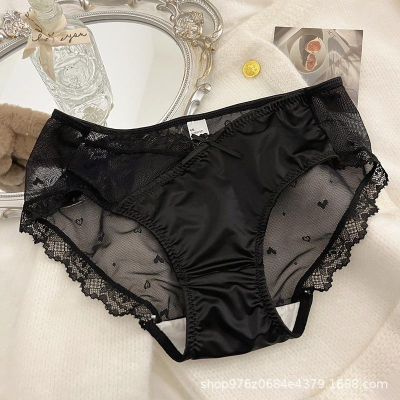 French-style Satin Niche Sexy Pure Lace Cream Triangle Panties Pure Cotton Crotch Low-rise Women's Underwear