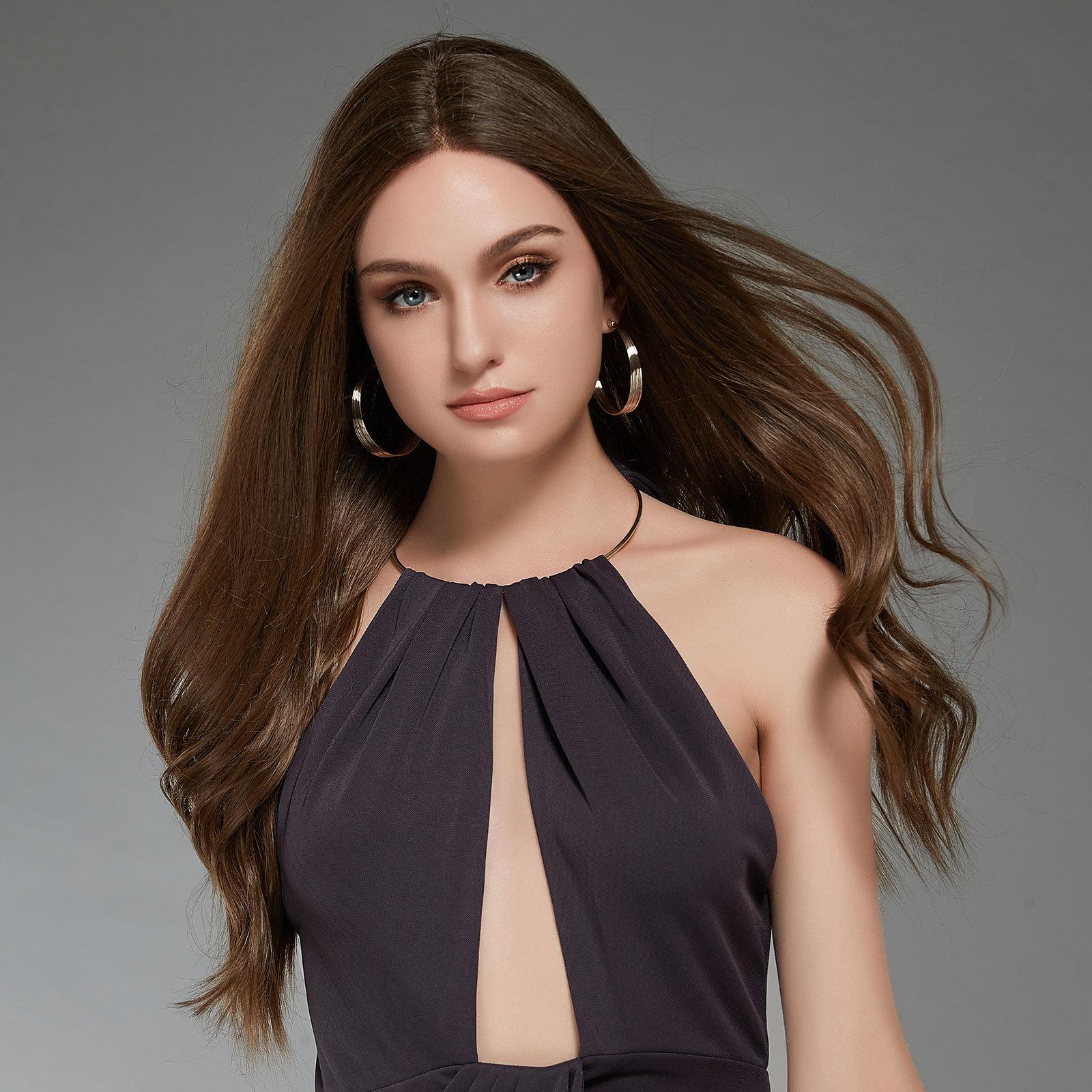 

Женские волосы 62 см, темно-коричневые длинные вьющиеся волосы, Т-образные передние кружева, сетка для волос розового цвета, головные уборы, парики из чистой ручной работы, кружевные парики, парик канекалон 62cm темно-коричневого