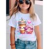 European Sizes Girls' Summer Fashion Short Sleeve T-Shirt with Milk Tea and Doughnut Print | Casual, Regular Fit, Crew Neck, Slight Stretch Fabric