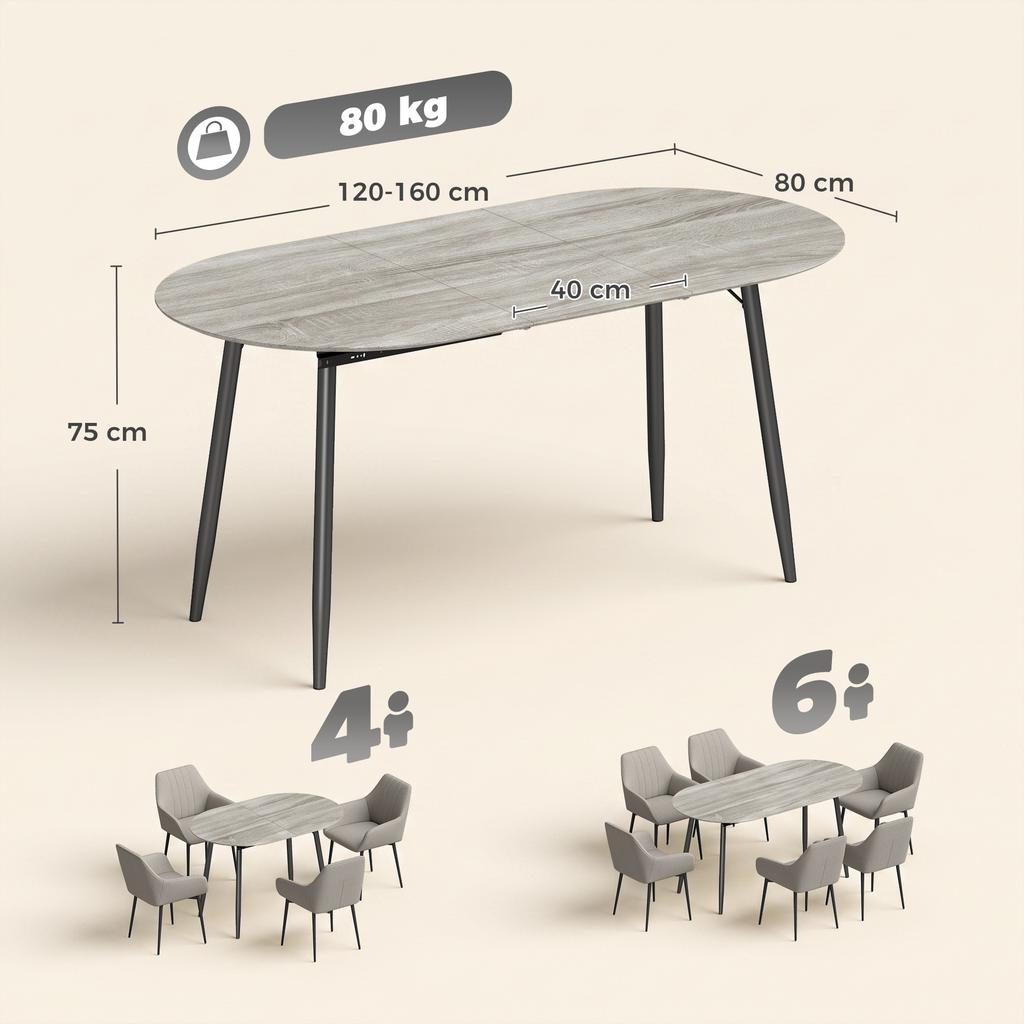 Extendable Oval Dining Table for 4-6 People, Expandable Modern Kitchen Table with Metal Frame, Gray