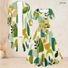 Women Plus Size Two Piece Set Green Beige Printed Geometric Leaf Square Neck Short Sleeve Tie Waist Flared Dress And Mid Sleeve Open Cardigan