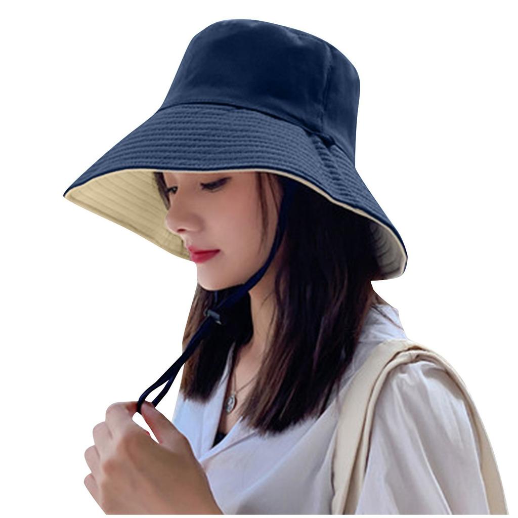 Sonnenhut für Damen, einfarbig, doppellagig, großer Sonnenschutz-Beckenhut mit Riemen, Sommer-Sonnen-Reisehut