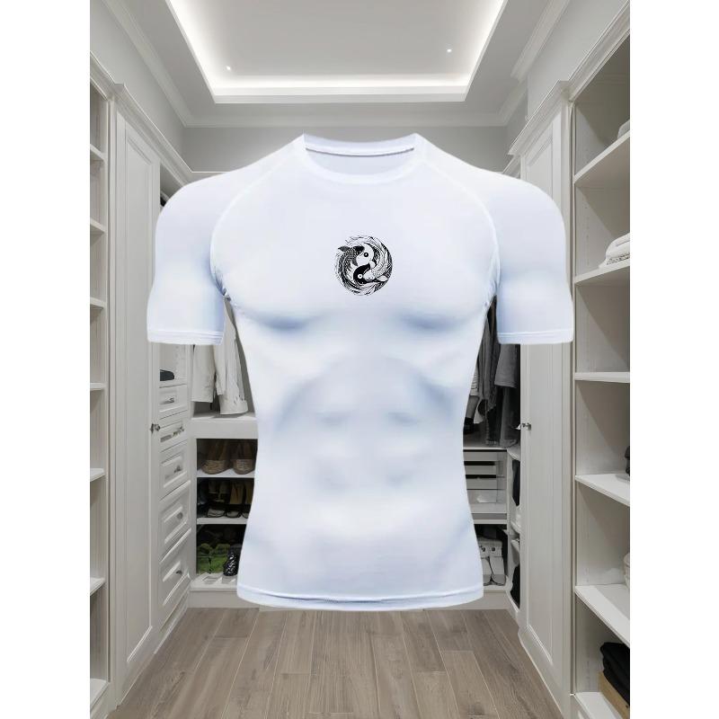 Mens White Compression Short Sleeve T-Shirt Black And White Yin Yang Graphic Quick Dry Breathable High Elasticity Gym And Running Athletic Top