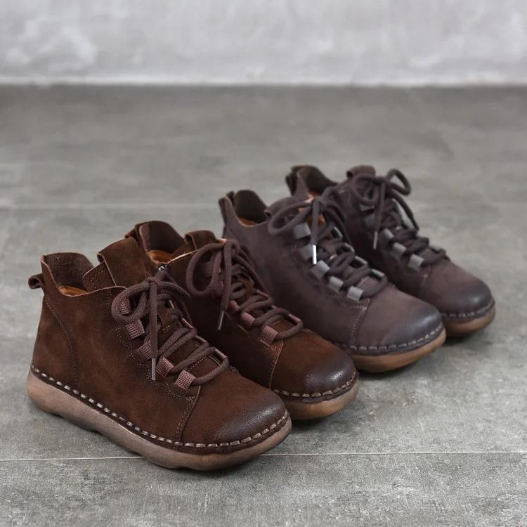 Johnature Scarpe da Donna in Vera Pelle Morbida Pelle Bovina Punta Rotonda Retro Stivaletti Bassi Piatti con Suola Morbida