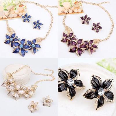 Mode Vrouwen Strass Bloem Statement Hanger Ketting Oorbellen Sieraden Set