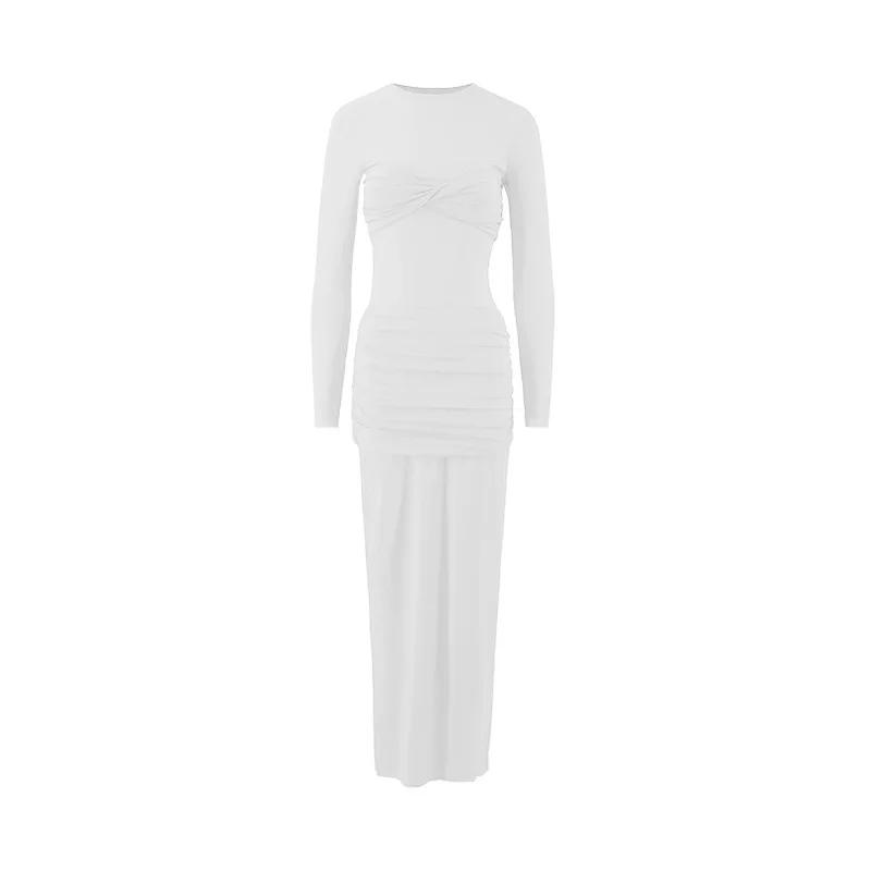 Long Sleeved Slim Fit Long Dress Women's New Round Neck Pleated