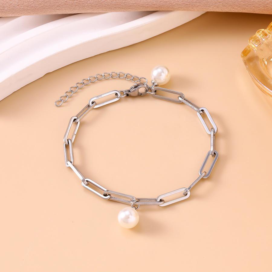 European & American Style Pearl Paperclip Bracelet - Gold Plated Stainless Steel, Niche Design Accessories