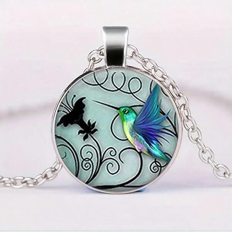 Cute Round Hummingbird Glass Dome Cabochon Pendants Necklaces Fashion Bird Rainforest Jewelry Accessories