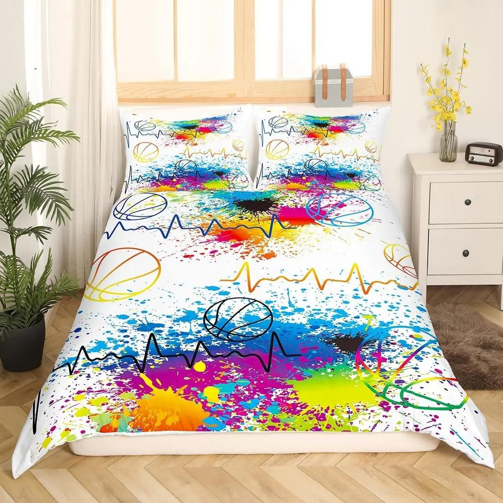 Basketball Duvet Cover Queen Blue Red Green Tie Dye Bedding Set Grunge Neon Sports Comforter Cover Neon Ball Game Quilt Cover