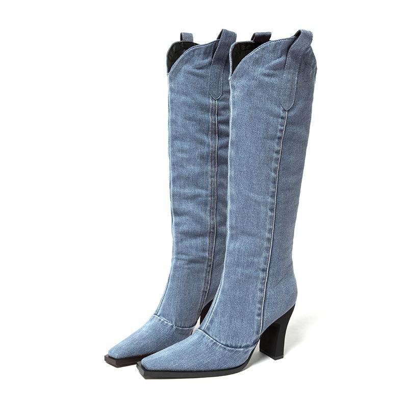 Winter New Square Toe Denim High Heel Fashion Boots 2025 Thick Heel Western Knight Boots for Women