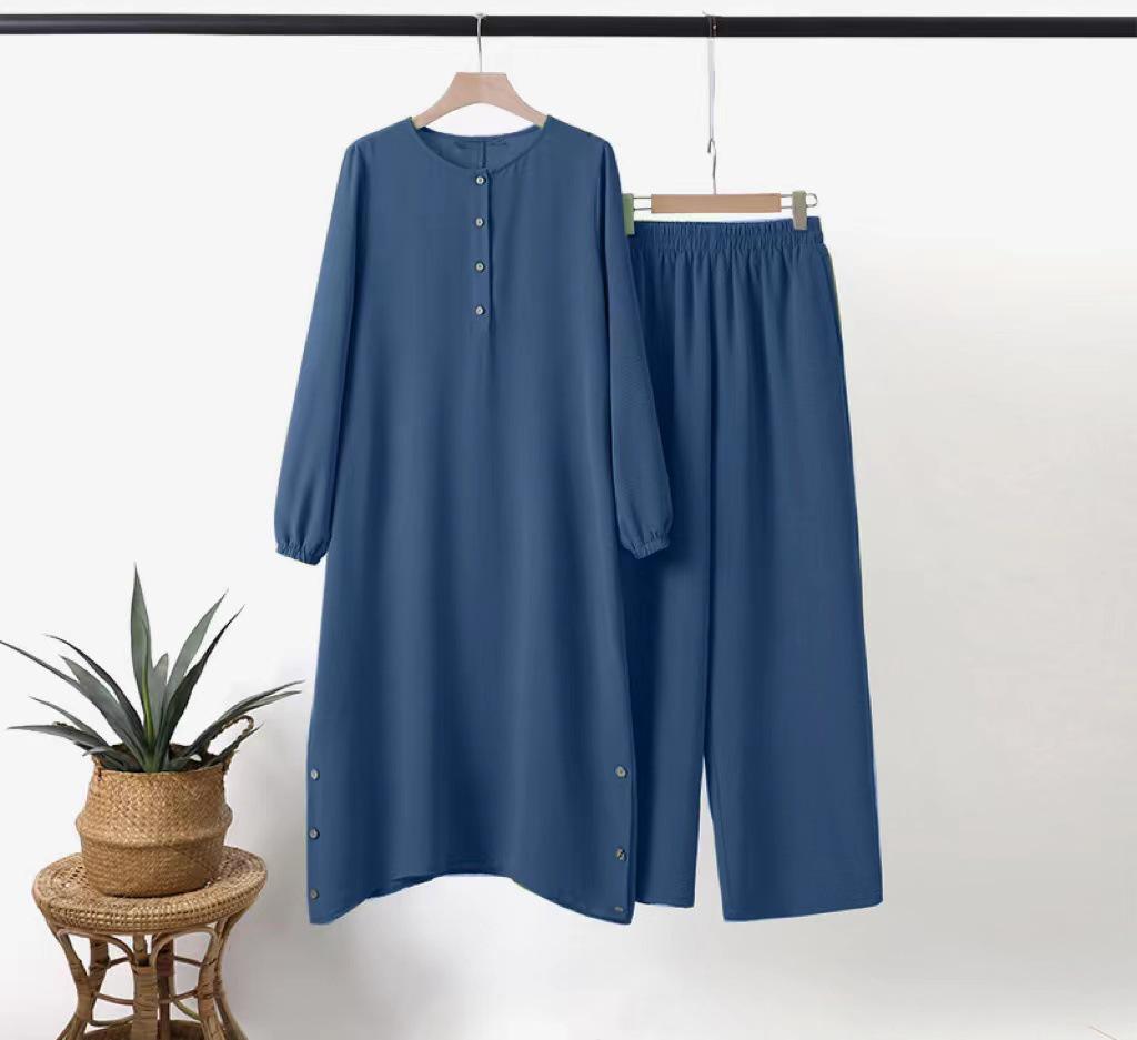 

Женский комплект 2024 года однотонный с длинным рукавом, с декоративной отделкой бокового шва и деревянными пуговицами 3XL королевский синий