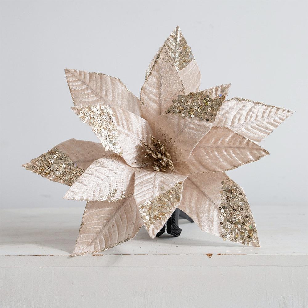 Velvet Fabric Artificial Poinsettia Flower Sequins Christmas Tree Magnolia New Year Gift