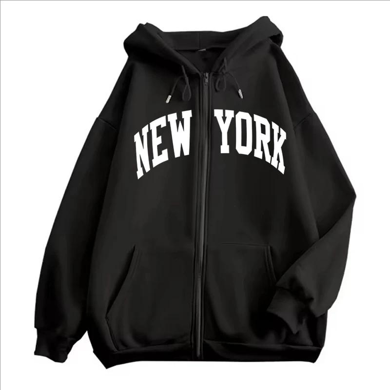 New York Pattern Print Zip Up Hoodie Women Autumn Winter Casual Fashion Korean Style Long Sleeve Coat Fleece Zipper Sweatshirts