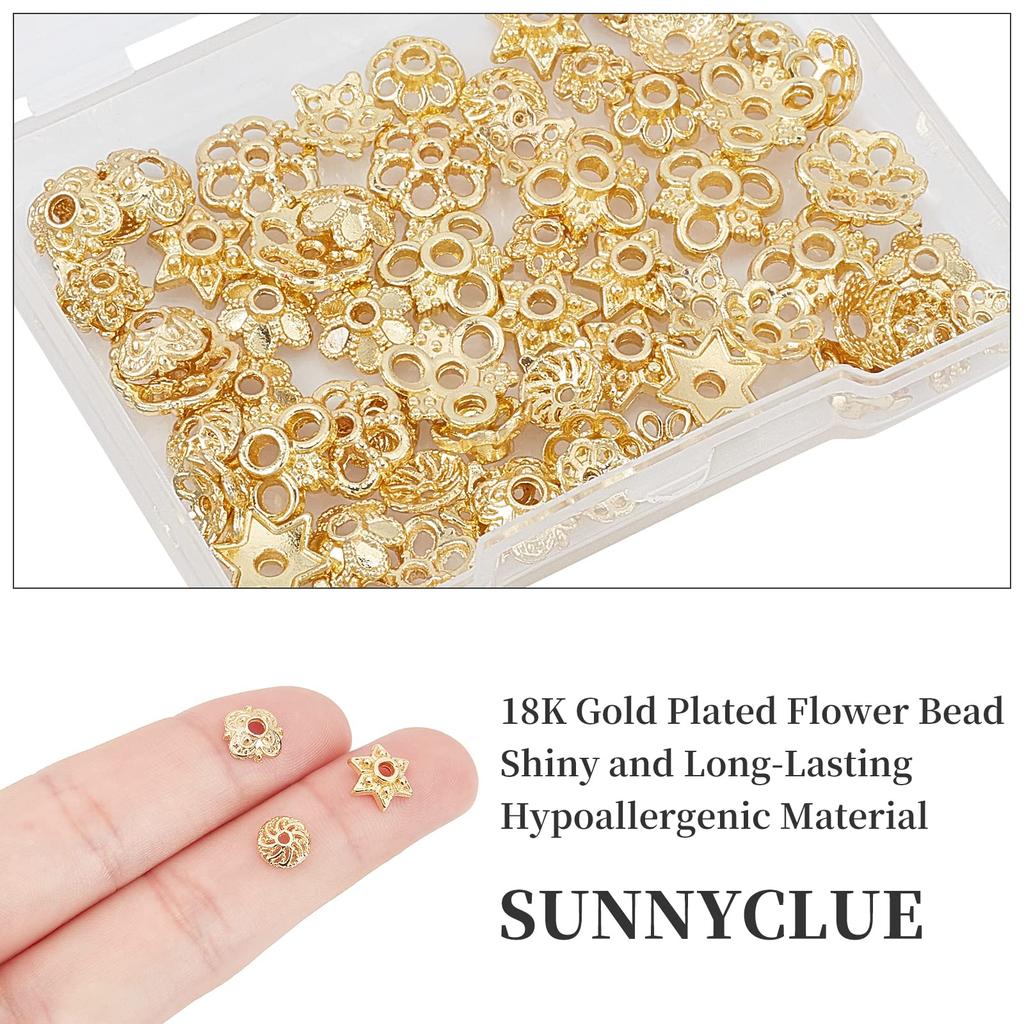 SUNNYCLUE 80 Pieces 10 Types 18k Plated Bead Cap Hanaza Washer Beads Antique Gold Metal Color Plated Beads Cap Special Flower Shape Chrysanthemum