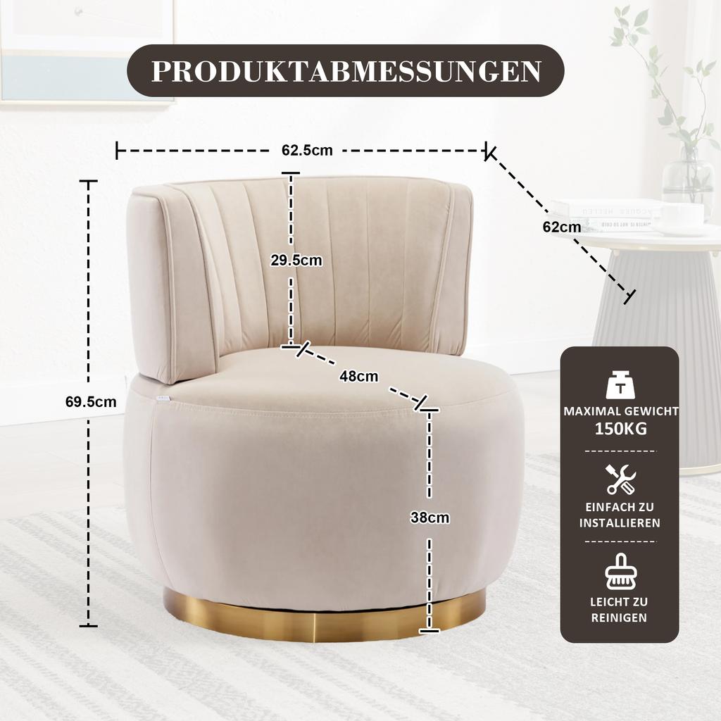Silla Giratoria Moderna de 360 Grados, Acabado Suave de Terciopelo, Respaldo, Estructura Estable, Sillas Tipo Barril, Adecuada para Sala de Estar Dormitorio Estudio, Beige