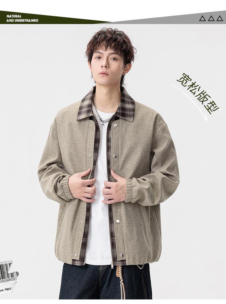 Men's Plaid Patchwork Two-Piece Look Jacket, Spring/Autumn 2026, Plus Size Loose Lapel Outerwear