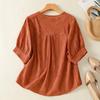 Women Round Neck Puff Three Quarter Sleeve Solid Textured Cotton Blouse Multi Colors