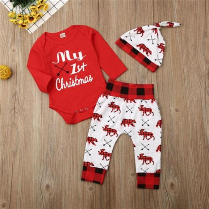 Christmas Newborn Baby Clothes Set Romper Long Pants Beanie Hat