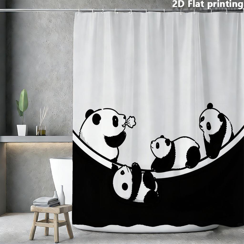 

Panda Family Shower Curtain 1Pc Polyester 2D Flat Print 70.8X70.8 Black White Illustration Grommet Top W60H190(CM)-1 Pcs