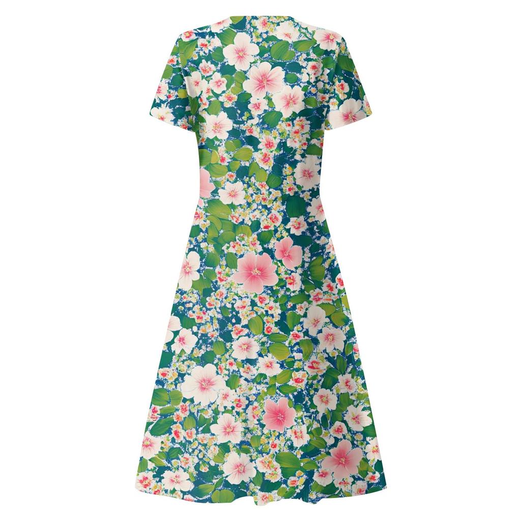 Women's Summer Casual Fashion Print Pocket Short Sleeve V-Neck Swing Dress