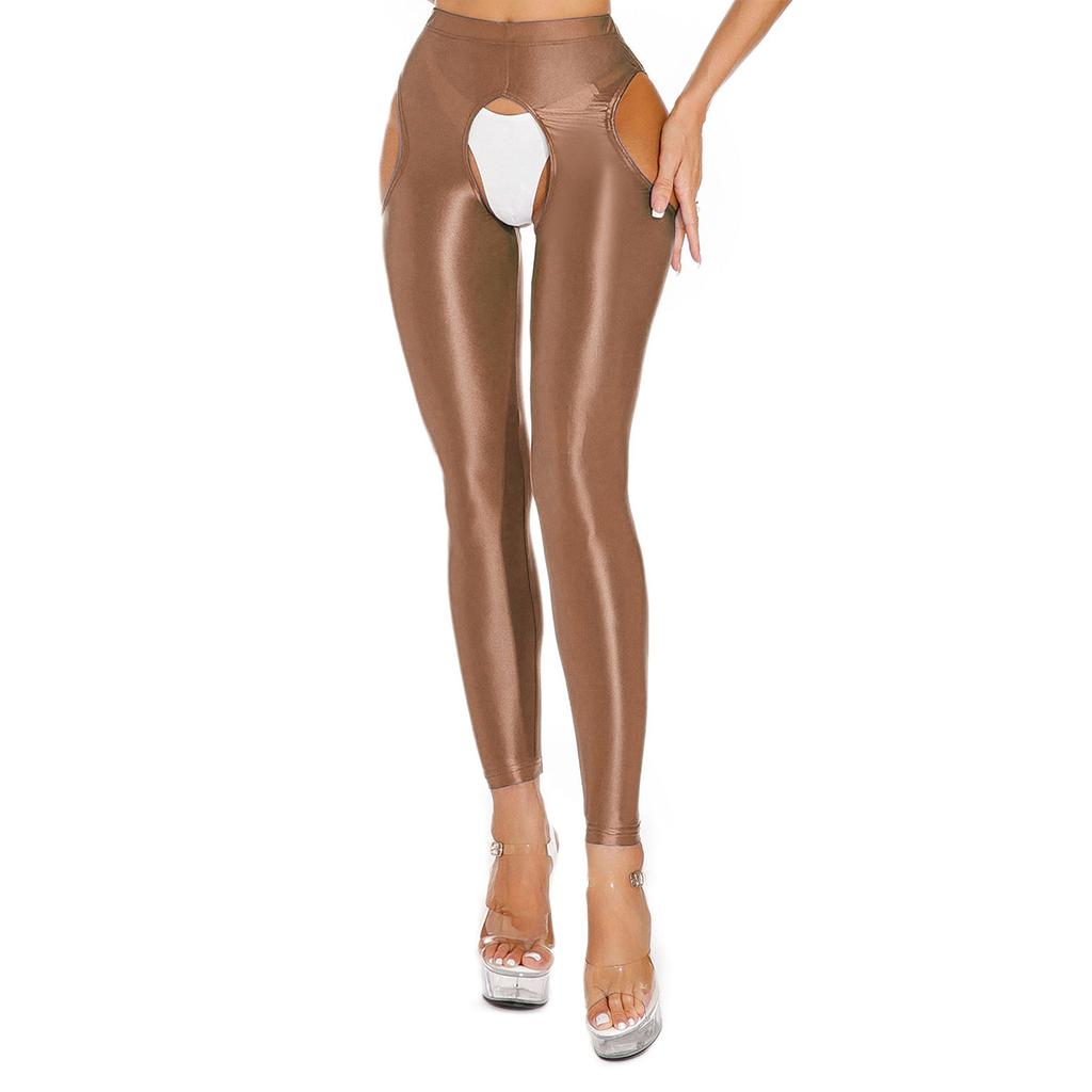 Damen Glänzende Yoga-Leggings Cutout-Design Hoher Bund Offener Schritt Oberschenkel Ausgeschnitten Dehnbar Skinny Hosen