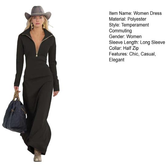 Sukienka-bluza dla kobiet, casualowa, z długim rękawem, z połowicznym zamkiem, tunika, długa sukienka, jesienna, dopasowana