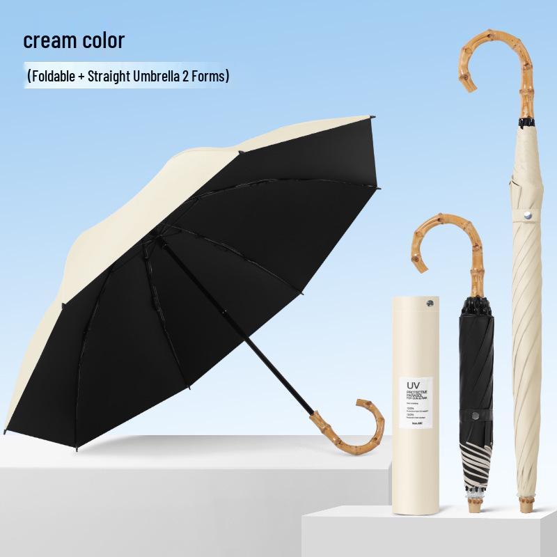 Bamboo Handle Two-Fold Umbrella - Lightweight Black UV Protection and Sunscreen Parasol