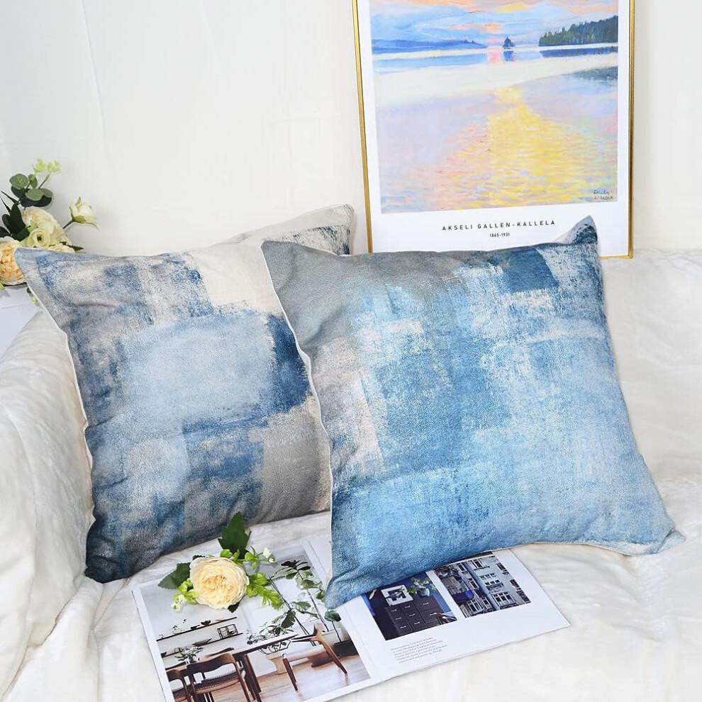 Chic Square Cushion Cover, Navy Blue Grey Abstract Art Painting Decorative Pillow Covers, Exquisite Linen Material Ensures Durability and Comfort,