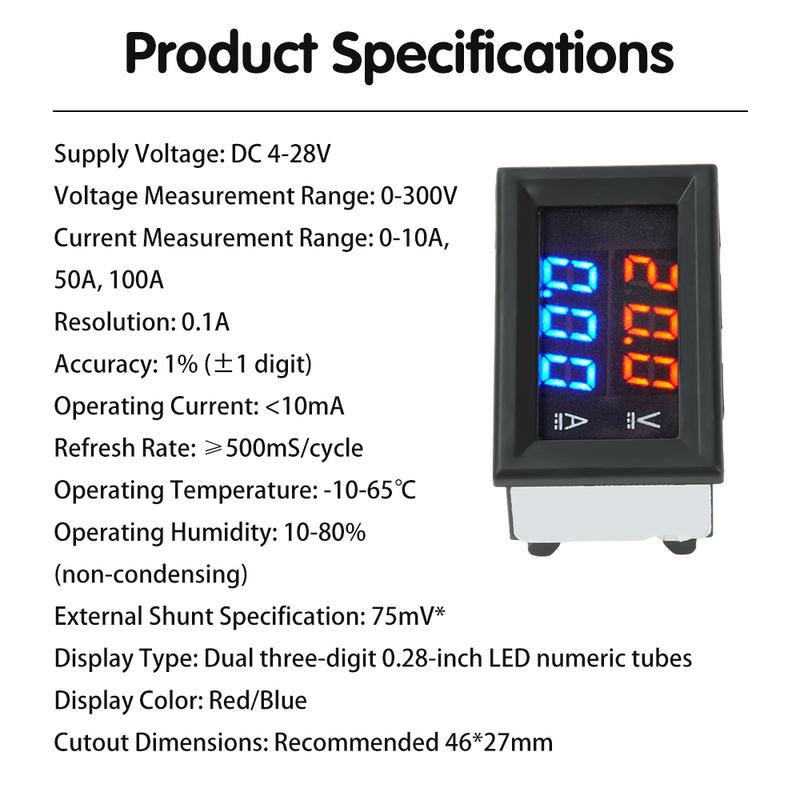 DC 0-300V 10/50/100A DC 0-100V 10/50/100A Voltmeter Ammeter LED Amp Dual Volt Meter Gauge LED Display Meter Amperemeter