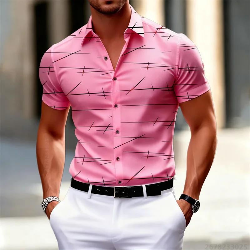 New Style Casual Men's Summer Shirt Short Sleeves 3D Lines Printed Stylish Loose Tops Essential for Hawaii Tourism