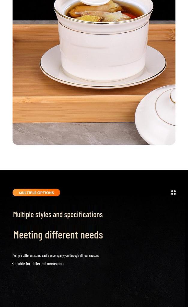 Pure White Ceramic Water-Bath Stew Pot with Gold Rim - Hotel & Commercial Grade, Ideal for Chinese Shaxian, Bird's Nest, and Steam Egg Dishes.