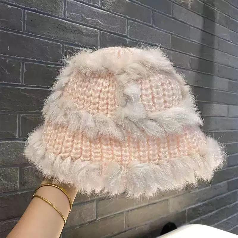 Plush Bag Head Showing Face Small Fur Bucket Hat Bag Face Knitted Hat Women'S Autumn And Winter Warm Wool Hat Cold
