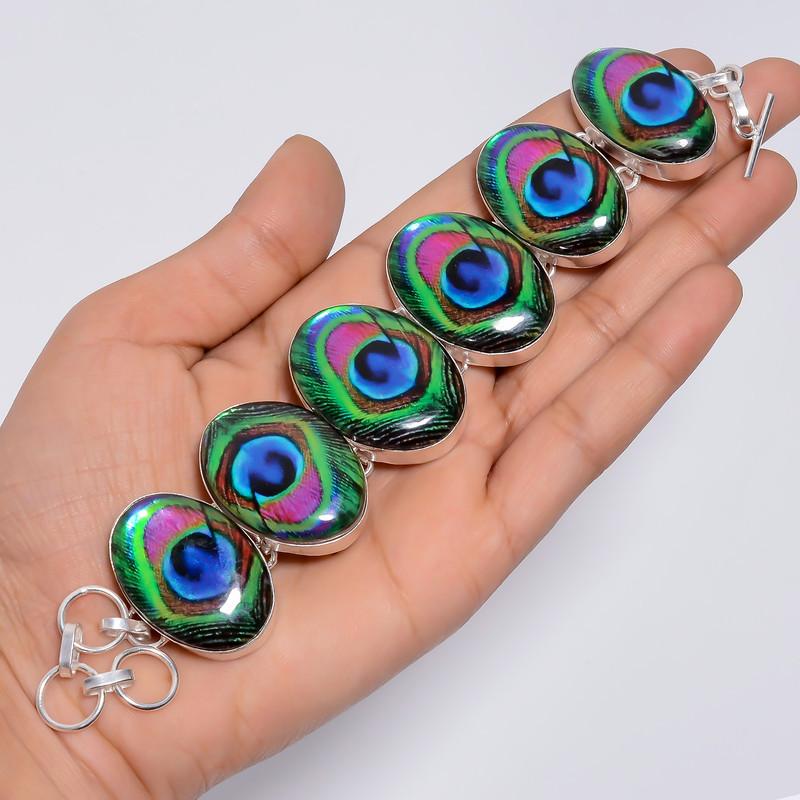 Mind Blowing Top Grade Qualite 100% Natural Dichroic Glass Oval Shape Ethnic Style Handmade Jewelry 925 Steling Silver Bracelet 7-9" WSJ5153