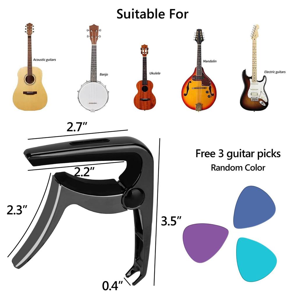 Geekria Guitar Zinc Alloy Metal Capo for Acoustic and Electric and Classical Guitar Accessories 3-in-1 Capo, Guitars, Ukulele, Mandolin, (Gunmetal