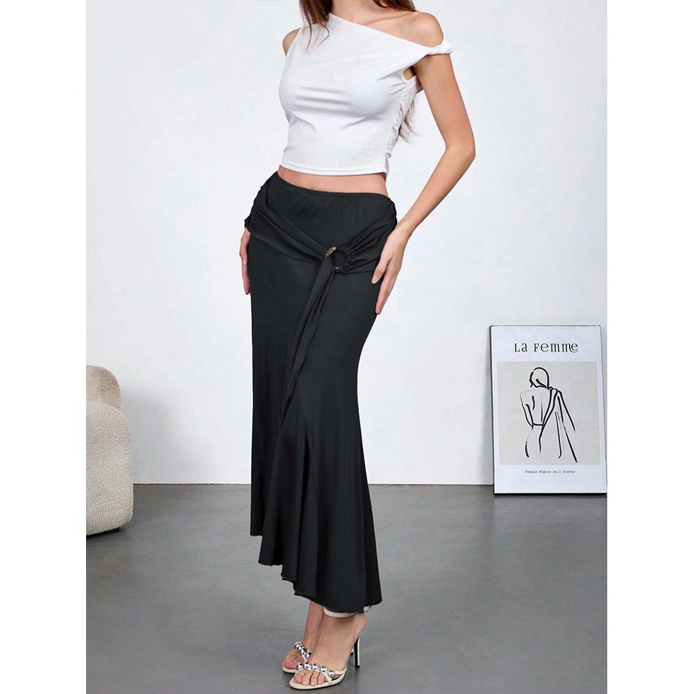 Women's Western Asymmetrical Long Skirt Vintage Boho Metal Ring Ruched Flowy Coquette Skirts