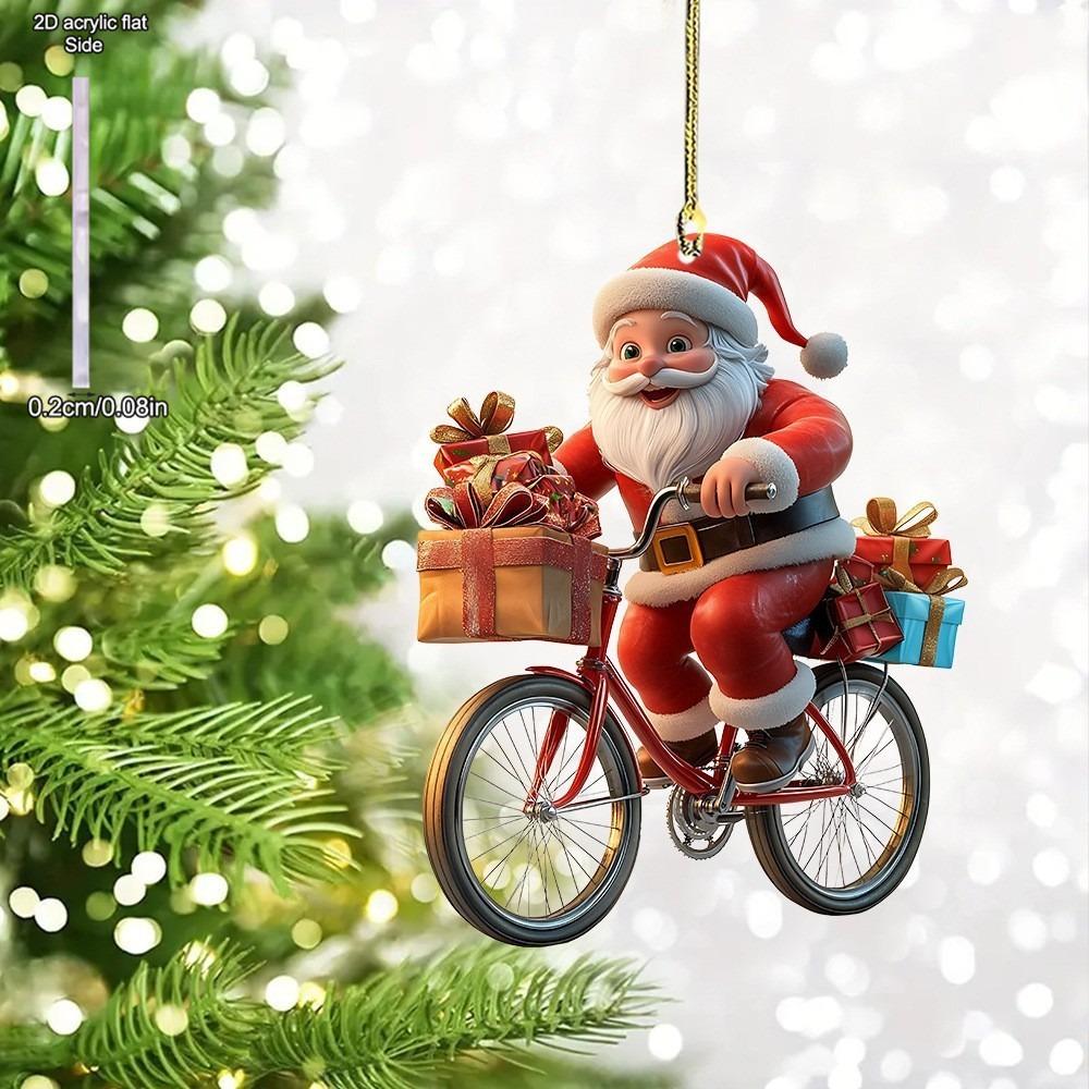 Acrylic Winter Decorative Hanging Cartoon Santa Claus Bicycle Gifts Christmas Pendants Christmas Tree Decoration, Durable Acrylic Sign