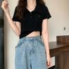 Embroidery Polo collar front shoulder short-sleeved T-shirt women's summer new slim-fit sweet wind short t-shirt short top ins